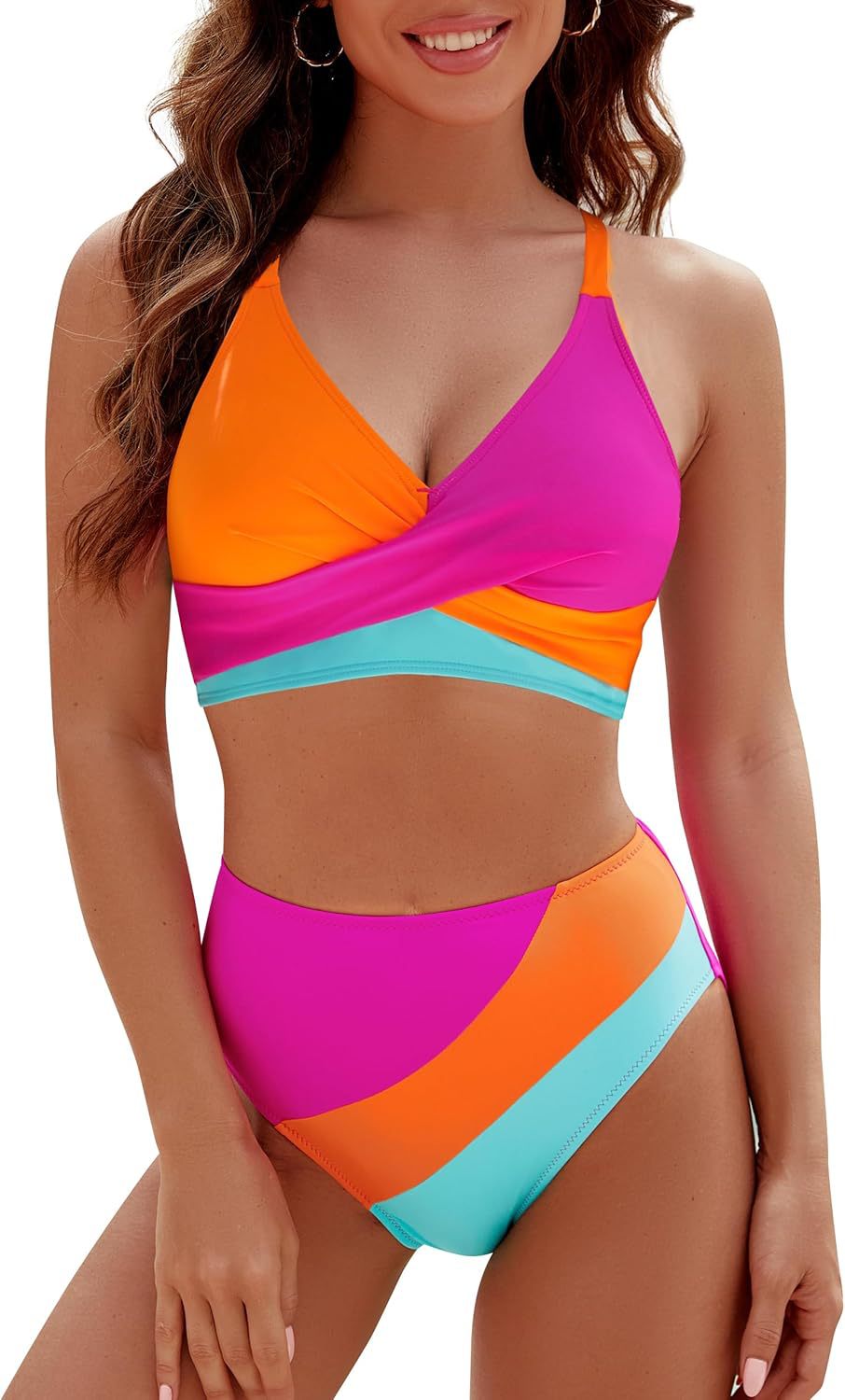 Wholesale Contrast Color 2-Piece Strappy Cross Bra Swimsuit